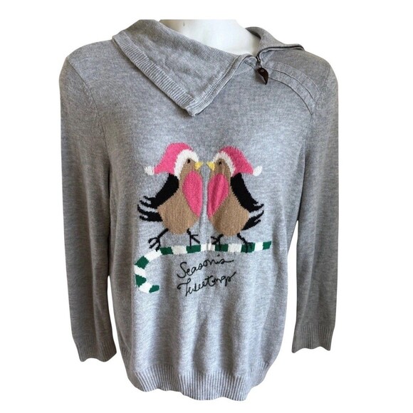 Talbots Women Sweater Medium Soft Gray "Seasons Tweetings" Birds Long Sleeve - Picture 3 of 8